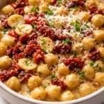 Creamy, garlicky Marry Me Chickpeas in a rich sauce, garnished with fresh herbs and a drizzle of olive oil.