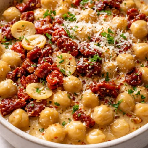 Creamy, garlicky Marry Me Chickpeas in a rich sauce, garnished with fresh herbs and a drizzle of olive oil.