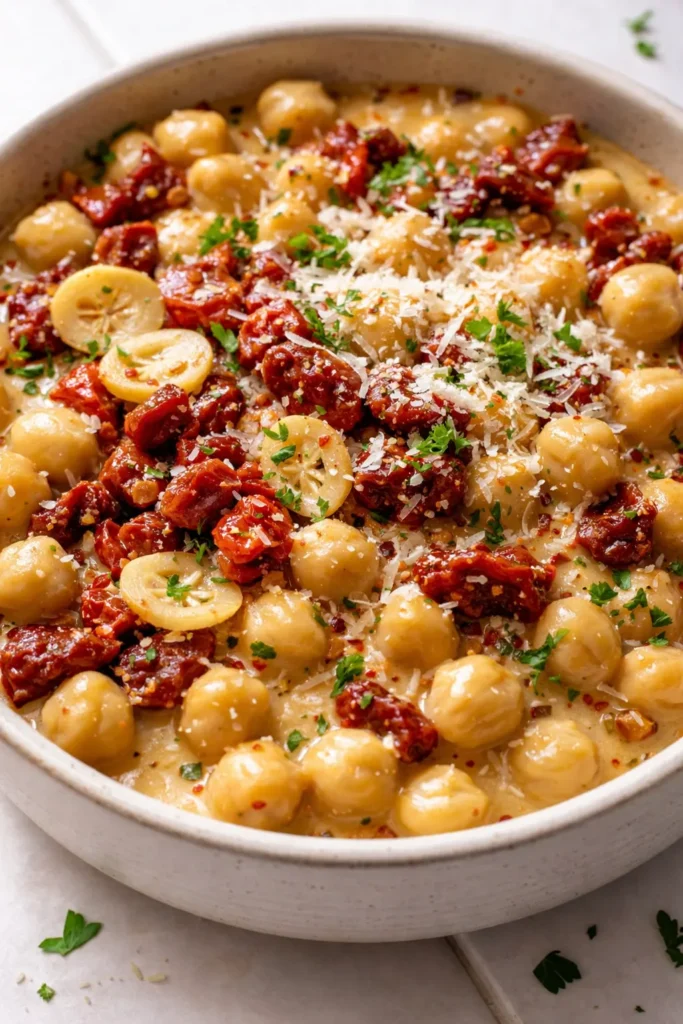 Creamy, garlicky Marry Me Chickpeas in a rich sauce, garnished with fresh herbs and a drizzle of olive oil.