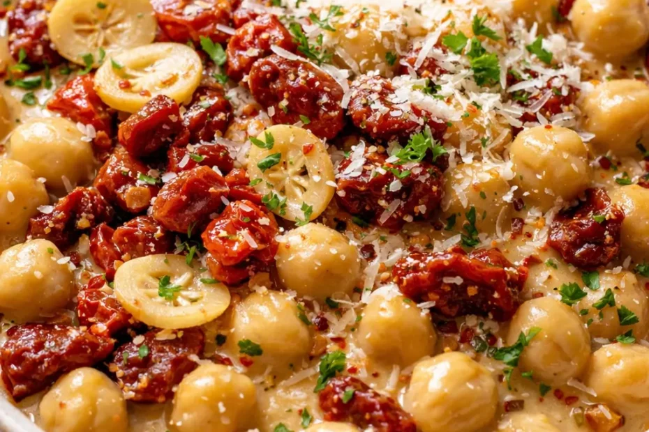 Creamy, garlicky Marry Me Chickpeas in a rich sauce, garnished with fresh herbs and a drizzle of olive oil.