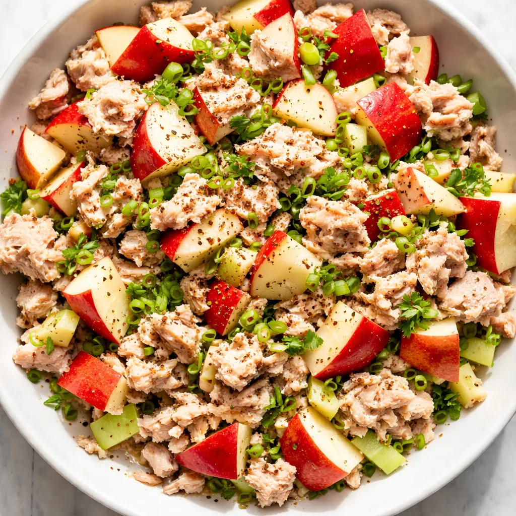 Mixing Tuna Apple Salad with flakes of tuna, diced apple, and celery in a white bowl.