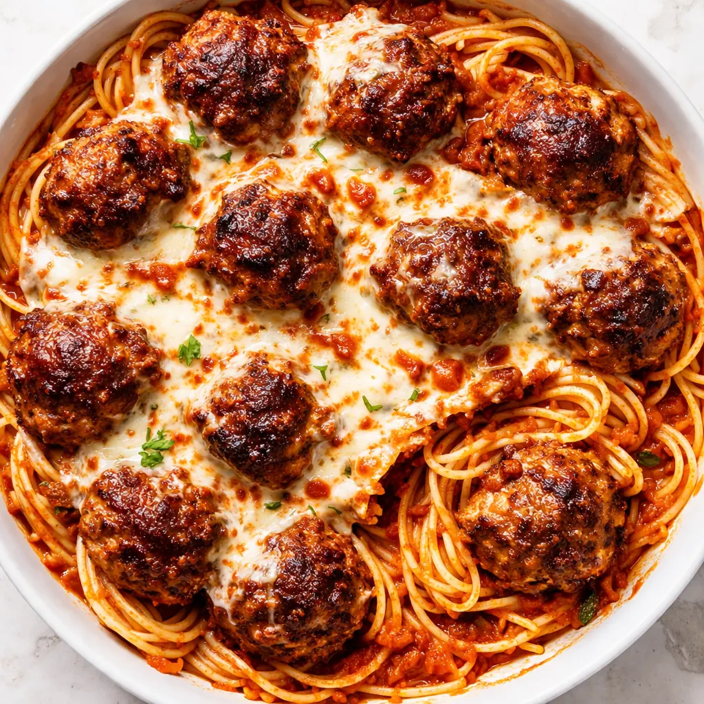 Meatball Cheesy Pasta with gooey melted cheese and tender meatballs in a creamy sauce, a comforting weeknight mess.