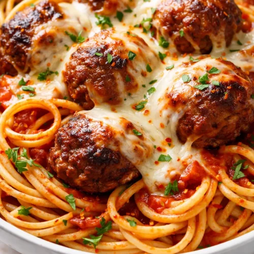 Cheesy meatball pasta with gooey melted cheese and tender meatballs, a messy weeknight dinner delight.