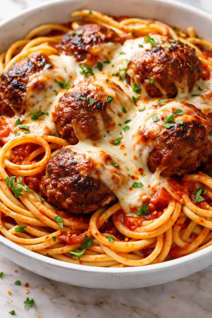 Cheesy meatball pasta with gooey melted cheese and tender meatballs, a messy weeknight dinner delight.
