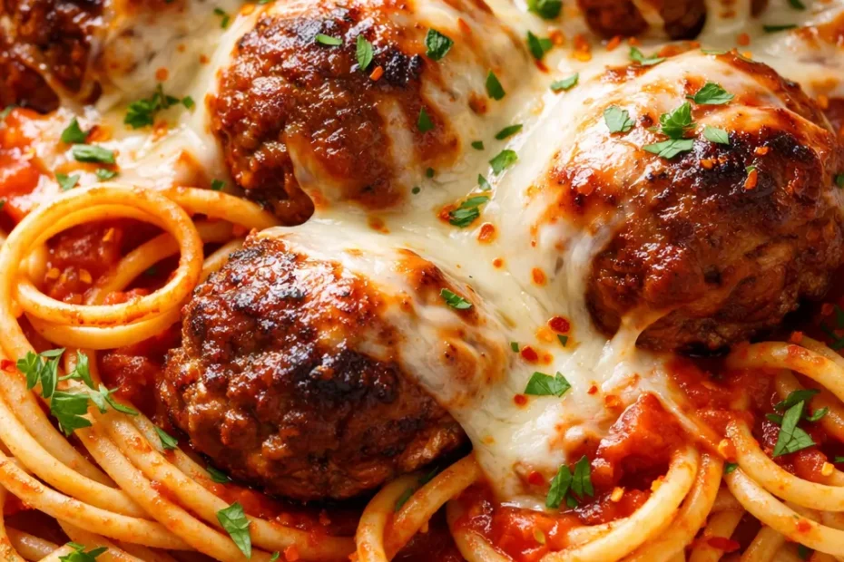 Cheesy meatball pasta with gooey melted cheese and tender meatballs, a messy weeknight dinner delight.