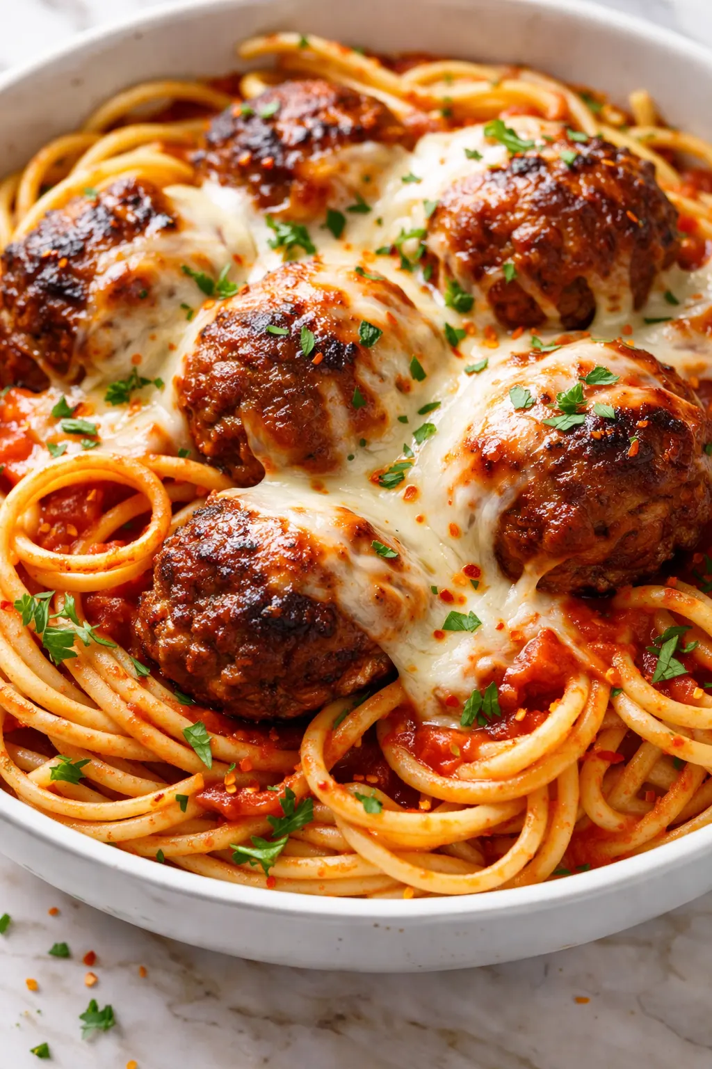 Cheesy meatball pasta with gooey melted cheese and tender meatballs, a messy weeknight dinner delight.