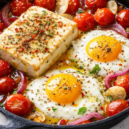 Mediterranean baked feta eggs with cherry tomatoes, spinach, and herbs in a cast iron skillet, creamy and golden.