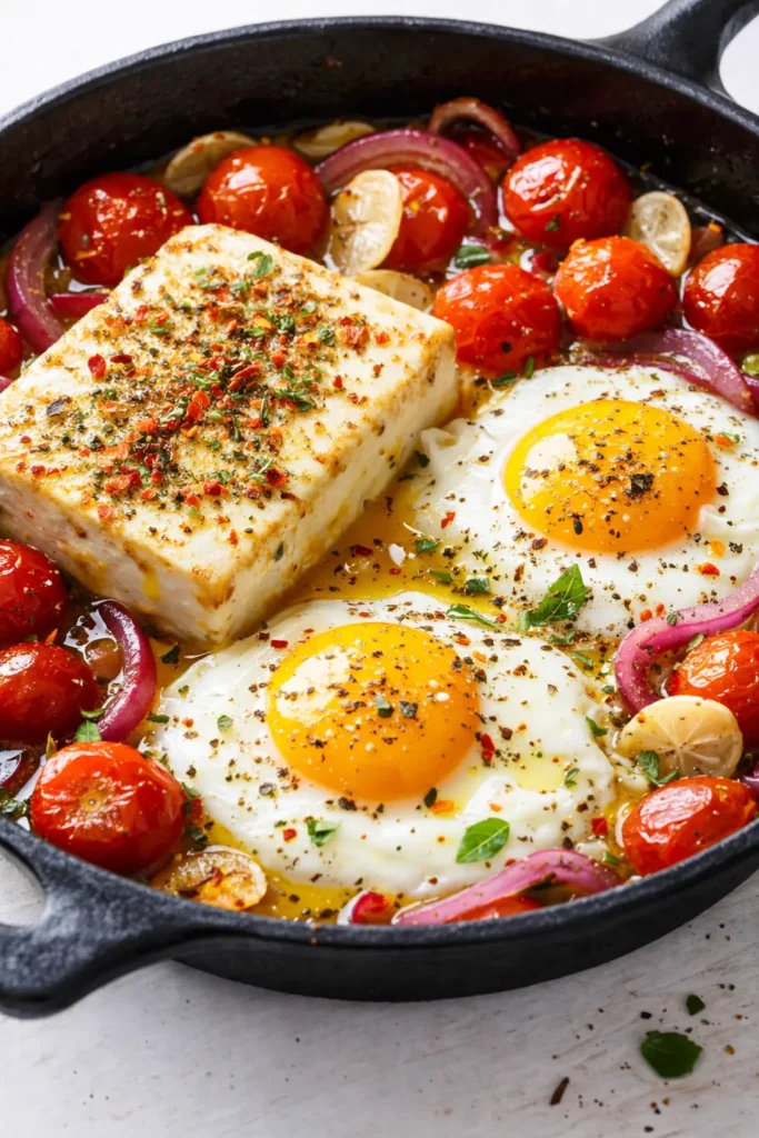 Mediterranean baked feta eggs with cherry tomatoes, spinach, and herbs in a cast iron skillet, creamy and golden.