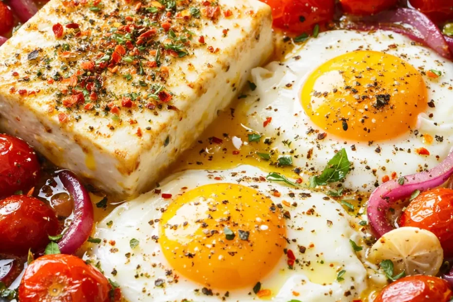 Mediterranean baked feta eggs with cherry tomatoes, spinach, and herbs in a cast iron skillet, creamy and golden.