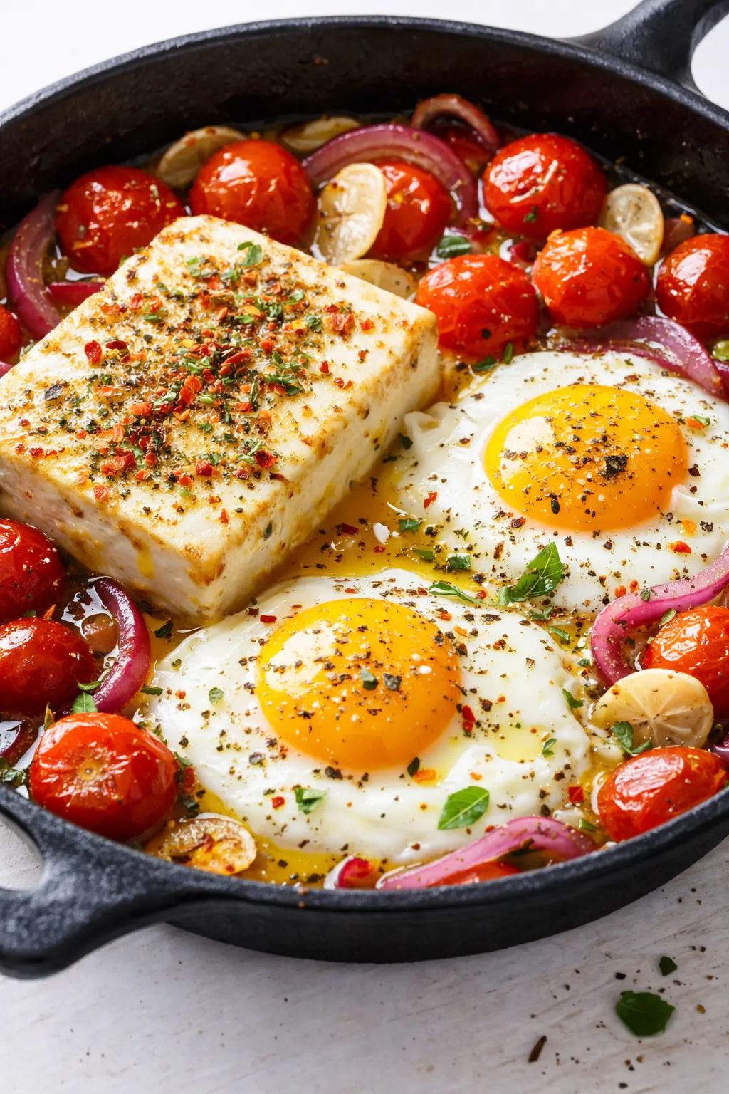 Mediterranean baked feta eggs with cherry tomatoes, spinach, and herbs in a cast iron skillet, creamy and golden.