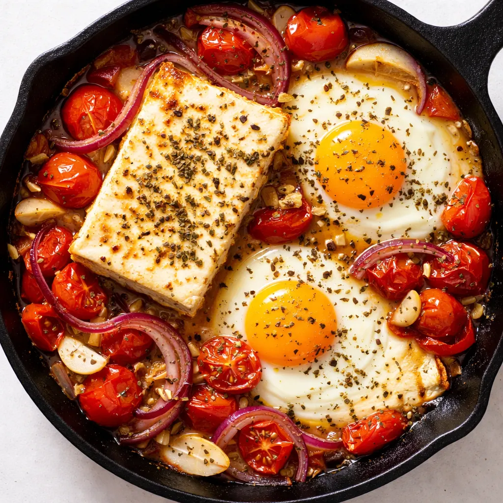 Mediterranean baked feta eggs with creamy feta, sunny eggs, cherry tomatoes, and fresh herbs in a baking dish.