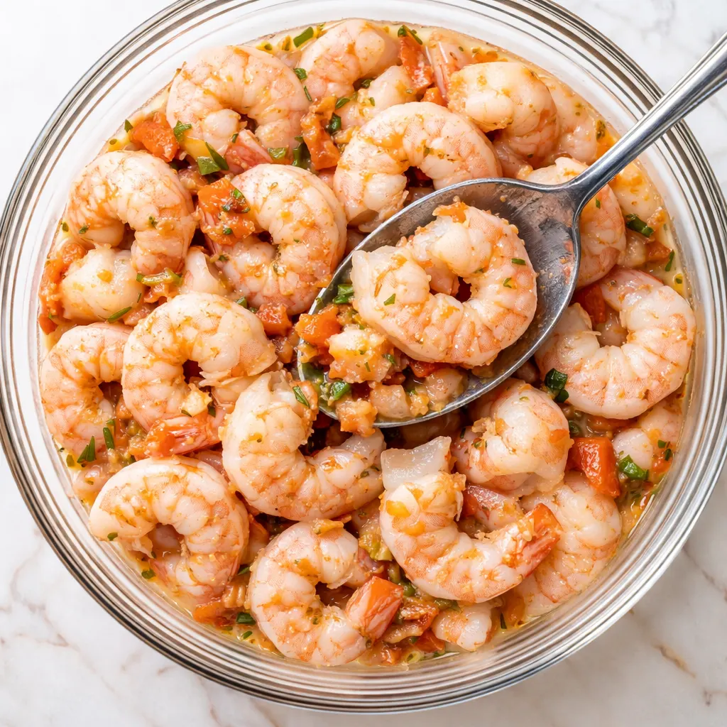 Fresh shrimp and diced red onion, cucumber, and cilantro mixed with lime juice in a glass bowl for authentic shrimp ceviche.