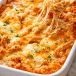 Creamy buffalo chicken dip with shredded chicken, melted cheese, and a golden bubbly top, served with celery and tortilla chips.