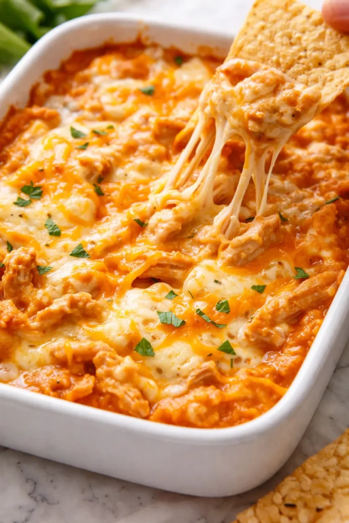 Creamy buffalo chicken dip with shredded chicken, melted cheese, and a golden bubbly top, served with celery and tortilla chips.