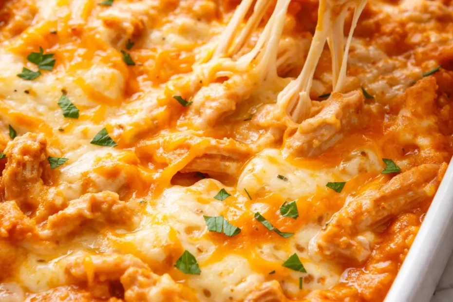 Creamy buffalo chicken dip with shredded chicken, melted cheese, and a golden bubbly top, served with celery and tortilla chips.