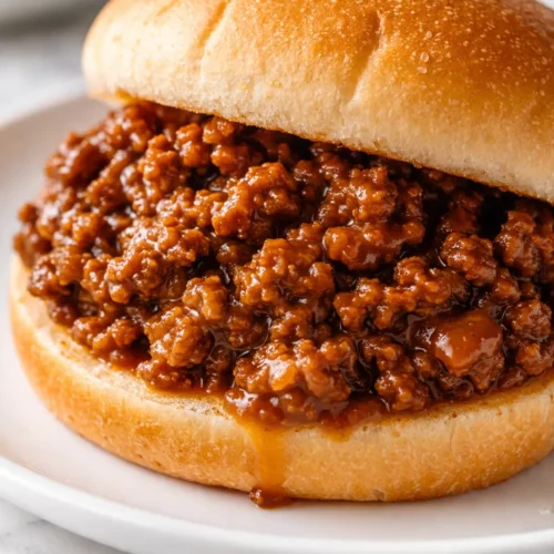 Golden brown bun piled with tangy sloppy joe meat mixture, glistening with sweet and savory tomato sauce, old-fashioned comfort.