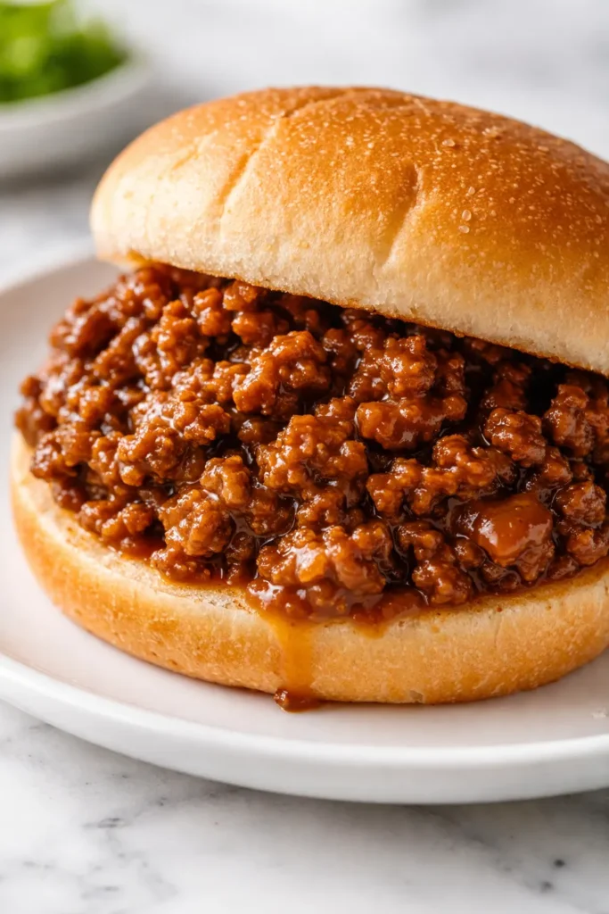 Golden brown bun piled with tangy sloppy joe meat mixture, glistening with sweet and savory tomato sauce, old-fashioned comfort.