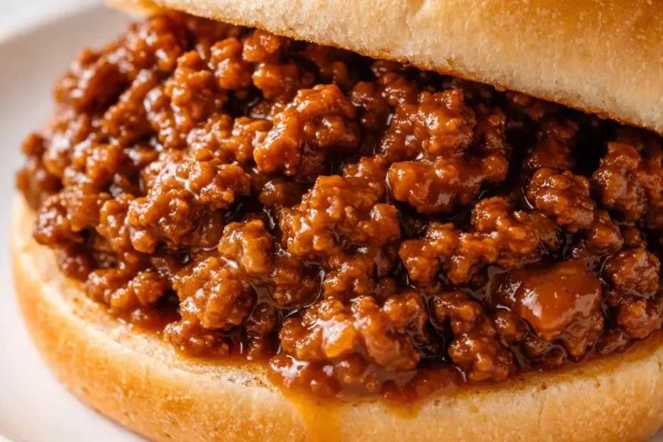 Golden brown bun piled with tangy sloppy joe meat mixture, glistening with sweet and savory tomato sauce, old-fashioned comfort.