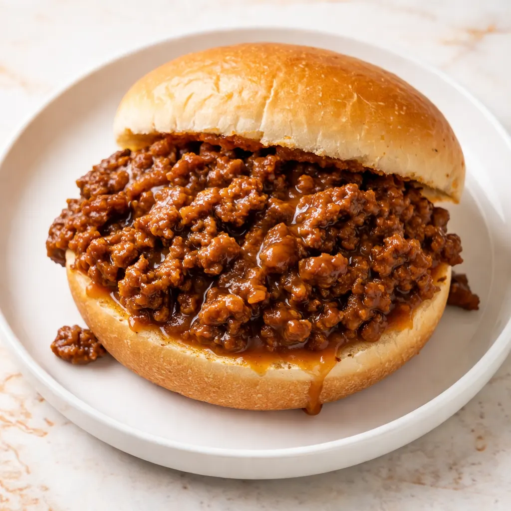A hearty old fashioned sloppy joe on a toasted bun, with rich ground beef in tangy red sauce, oozing with flavor.