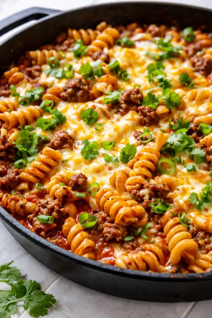 Creamy one-pan enchilada pasta with melted cheese, sour cream, and black beans, garnished with cilantro and diced tomatoes on a dark plate.