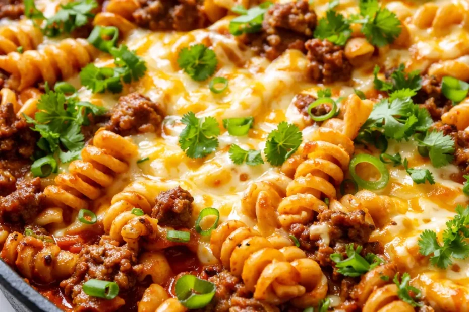 Creamy one-pan enchilada pasta with melted cheese, sour cream, and black beans, garnished with cilantro and diced tomatoes on a dark plate.