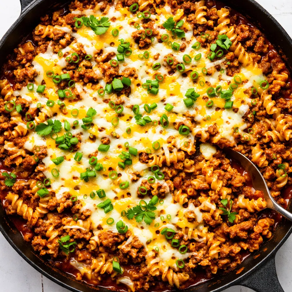 Creamy enchilada pasta simmering in a single pan with red sauce and melted cheese topping.
