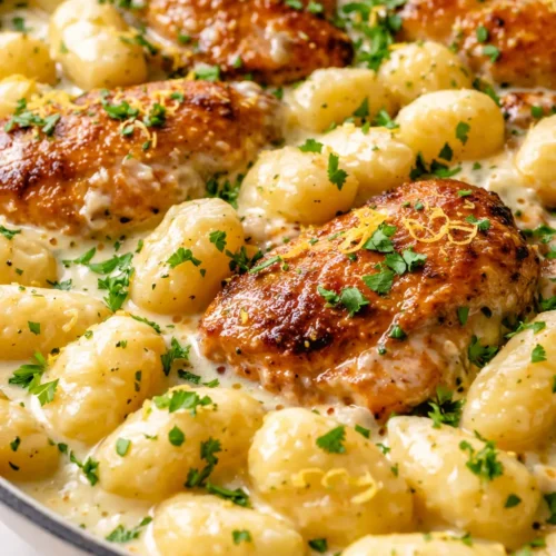 Creamy one pan lemon chicken gnocchi with tender chicken, vibrant lemon slices, and fresh parsley garnish.