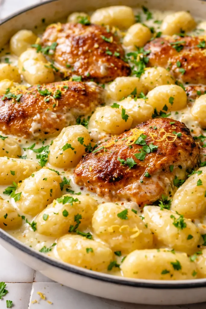 Creamy one pan lemon chicken gnocchi with tender chicken, vibrant lemon slices, and fresh parsley garnish.