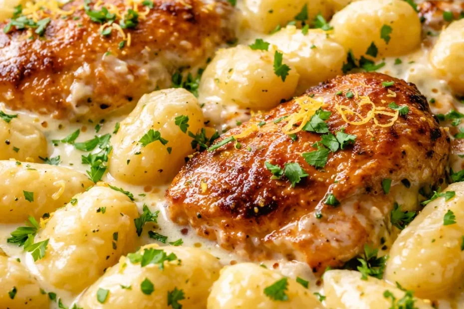 Creamy one pan lemon chicken gnocchi with tender chicken, vibrant lemon slices, and fresh parsley garnish.