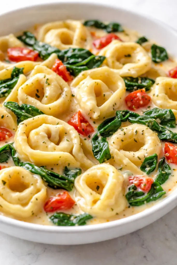 Creamy one pot spinach tomato tortellini in a white bowl with visible swirls of cream and flecks of green spinach and red tomatoes, garnished with fresh basil.