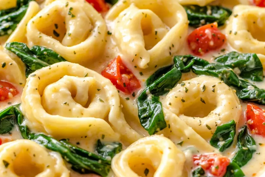 Creamy one pot spinach tomato tortellini in a white bowl with visible swirls of cream and flecks of green spinach and red tomatoes, garnished with fresh basil.