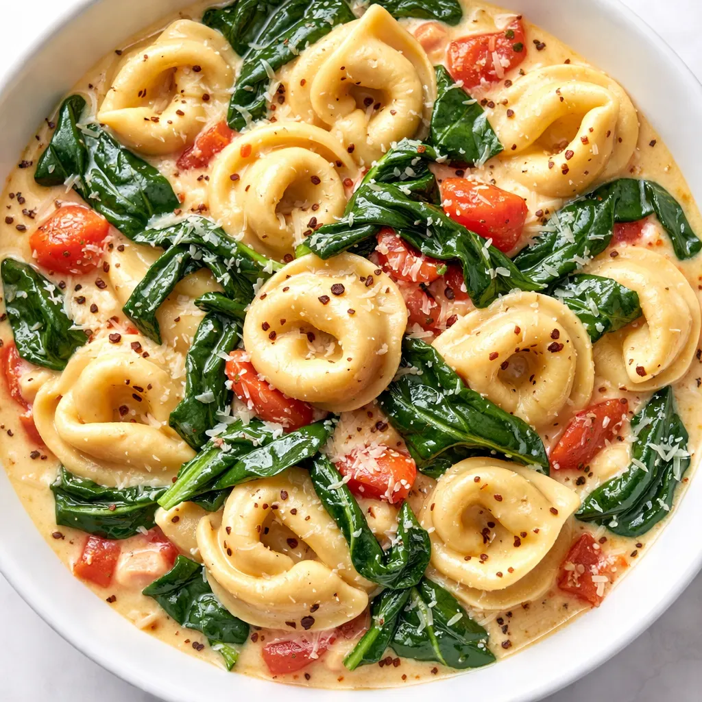 Creamy spinach tomato tortellini simmering in a pot with steam rising, rich tomato cream sauce bubbling around tender tortellini and wilted spinach.