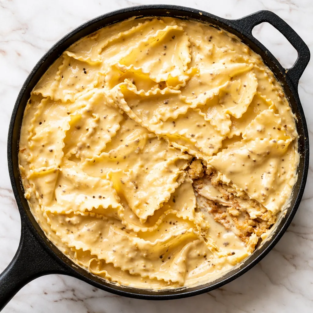 Creamy one skillet lasagna cooking in a pan with layers of tender pasta, melted cheese, and rich tomato sauce.
