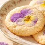 Pastel pansy sugar cookies with delicate edible flower petals pressed into buttery golden cookies, soft colors on a white plate