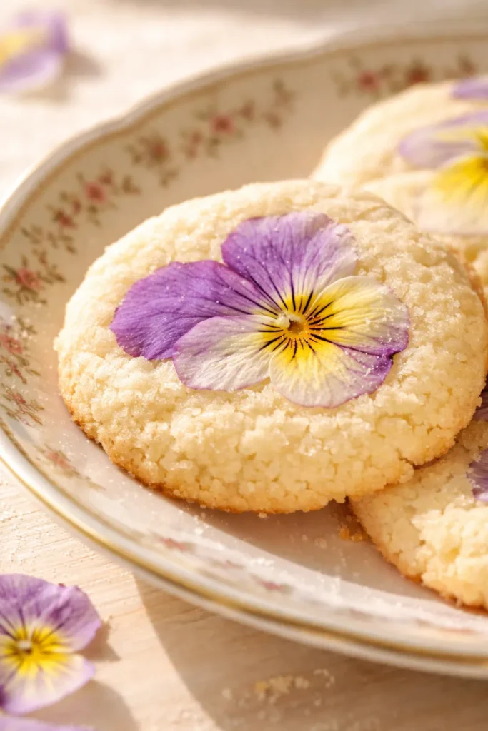 Pastel pansy sugar cookies with delicate edible flower petals pressed into buttery golden cookies, soft colors on a white plate