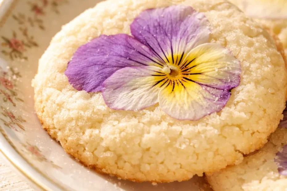 Pastel pansy sugar cookies with delicate edible flower petals pressed into buttery golden cookies, soft colors on a white plate