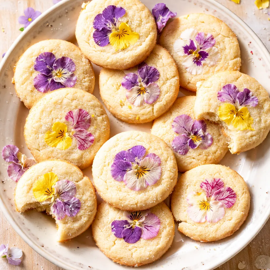 Hands gently pressing edible pansy flowers onto round sugar cookie dough on a baking sheet, colorful petals against buttery dough