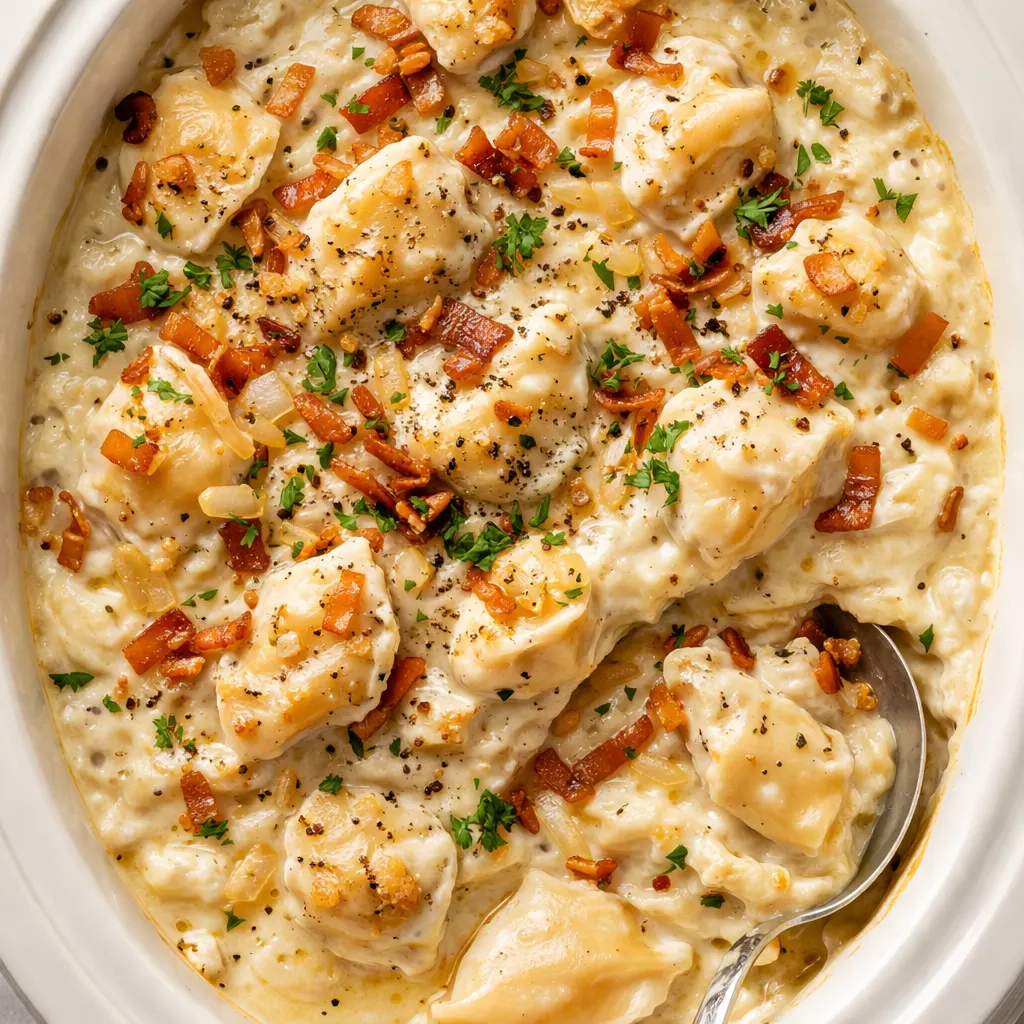 Creamy crockpot pierogi casserole with kielbasa holds its shape, showing layered pierogi and sliced sausage in thick savory sauce with golden edges.