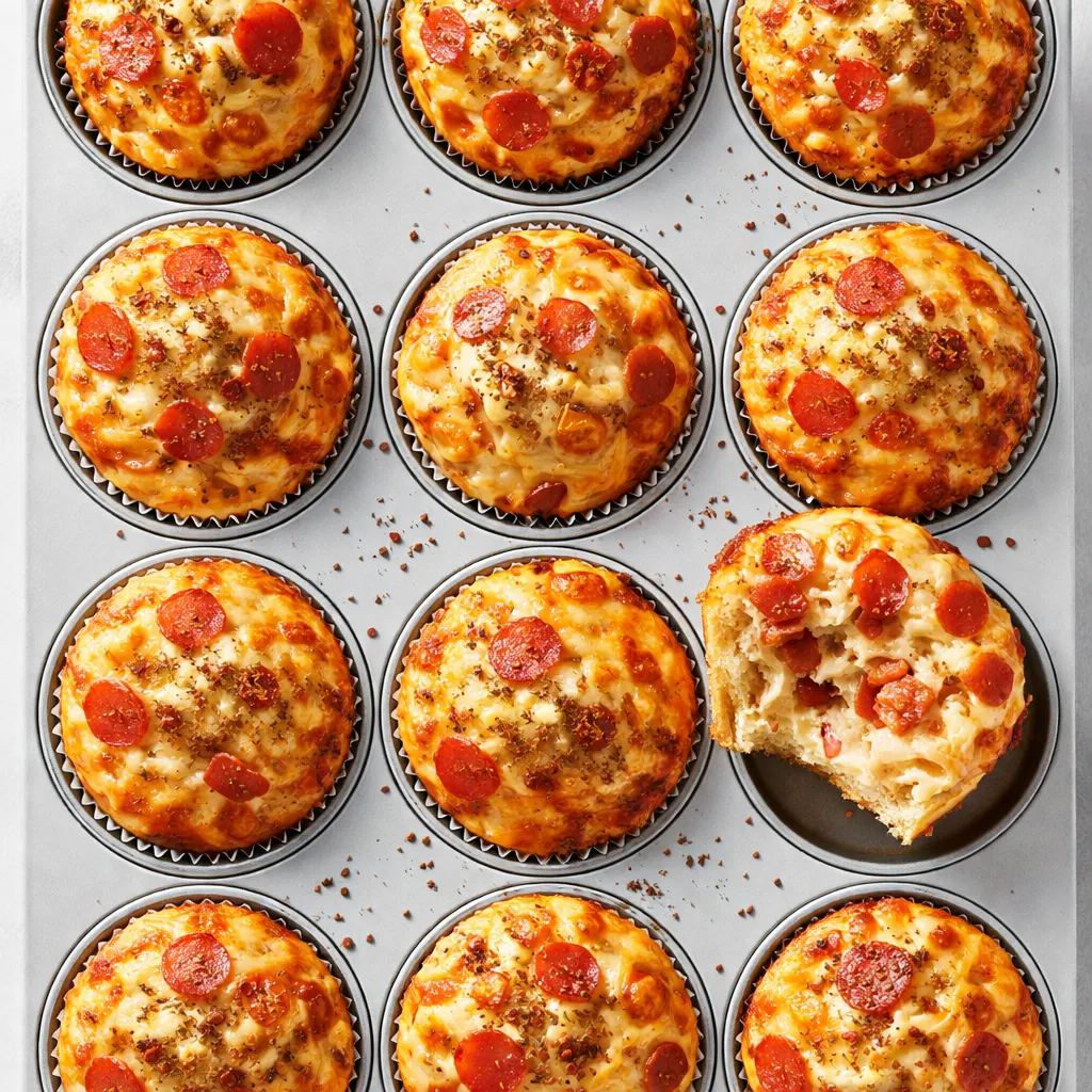 Golden brown pizza muffins with melted cheese and pepperoni on a cooling rack, ready in 30 minutes.