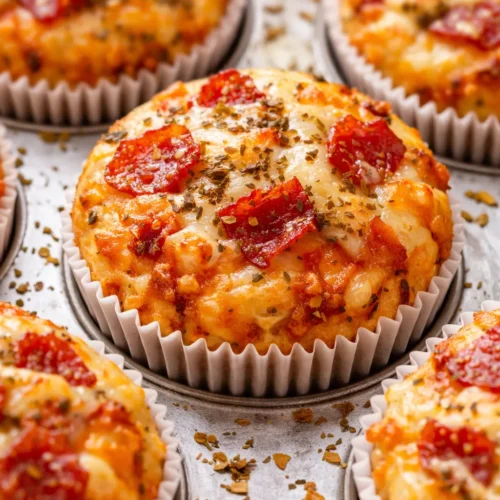 Golden brown pizza muffins with melted cheese and pepperoni, fresh from the oven and perfectly portioned.