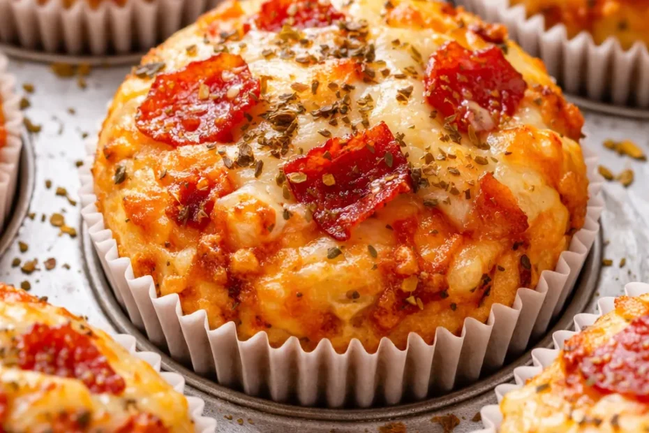 Golden brown pizza muffins with melted cheese and pepperoni, fresh from the oven and perfectly portioned.