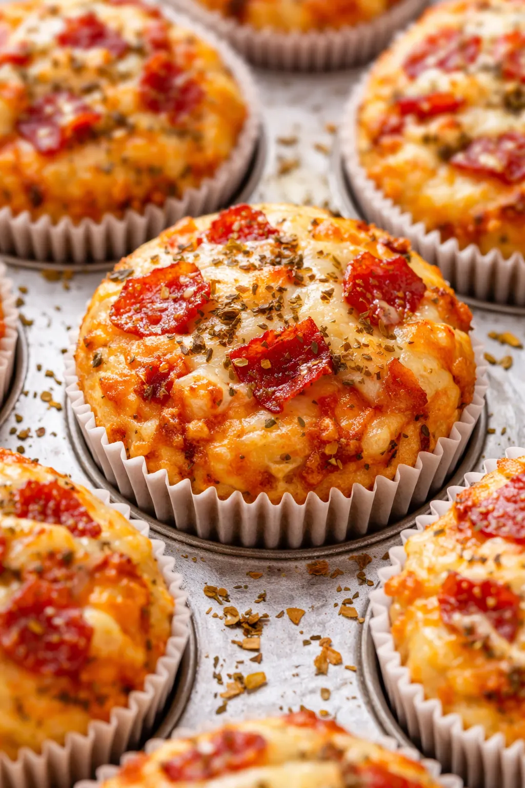 Golden brown pizza muffins with melted cheese and pepperoni, fresh from the oven and perfectly portioned.