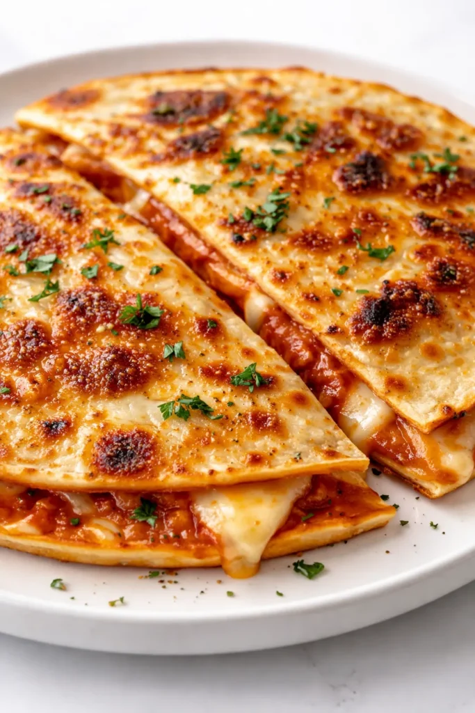 Crispy pizza quesadilla slices with melted mozzarella, pepperoni, and golden brown tortilla on a plate.