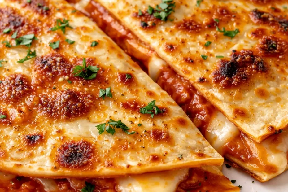 Crispy pizza quesadilla slices with melted mozzarella, pepperoni, and golden brown tortilla on a plate.