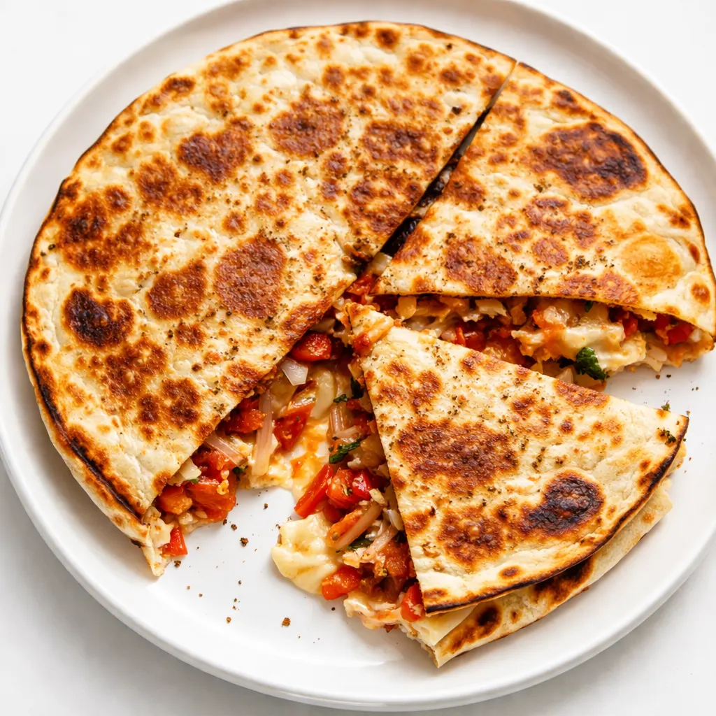Crispy pizza quesadilla with melted cheese and pepperoni browning in a hot skillet, golden and crunchy.