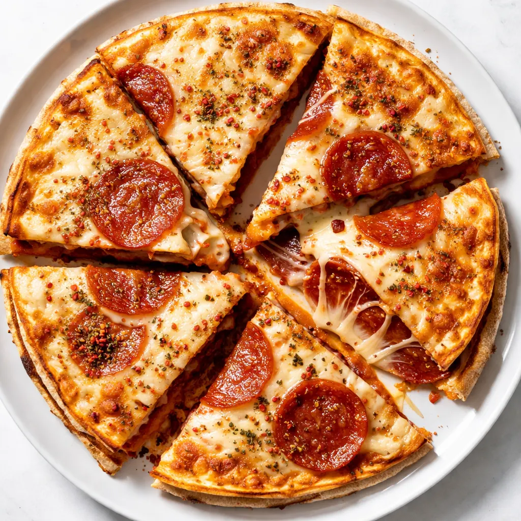 Golden brown pizza quesadillas with melted mozzarella and pepperoni in a non-stick skillet, crispy edges visible.