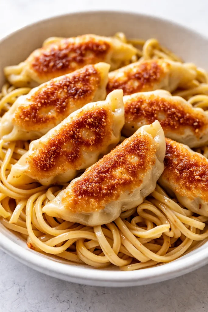 Potsticker noodle bowls with crispy potstickers, tender noodles, glossy soy sauce, and vibrant green onions.