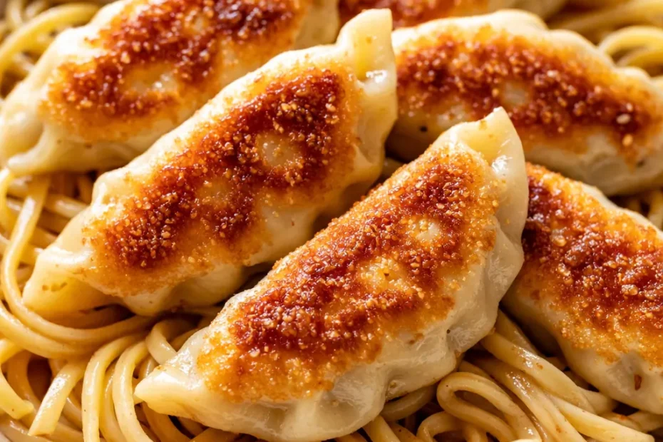 Potsticker noodle bowls with crispy potstickers, tender noodles, glossy soy sauce, and vibrant green onions.