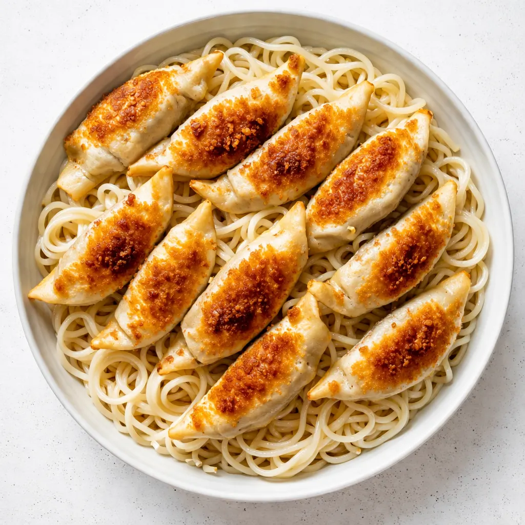 Saucy potsticker noodle bowls with crispy potstickers, tender noodles, and garnish of green onions and sesame seeds.