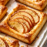 Flaky golden puff pastry apple tarts with caramelized apple slices and a dusting of powdered sugar, looking bakery-fresh.